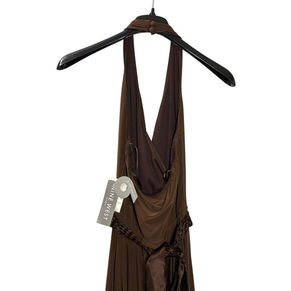 Nine West Halter Midi Dress 8 Vintage Y2K Fit & Flare Braided Belt Brown New - Picture 8 of 13